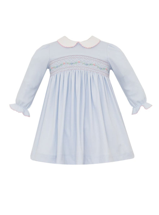 Petit Bebe Knits Girls Light Blue Smocked Dress - Long Sleeves & Collar by Petit Bebe