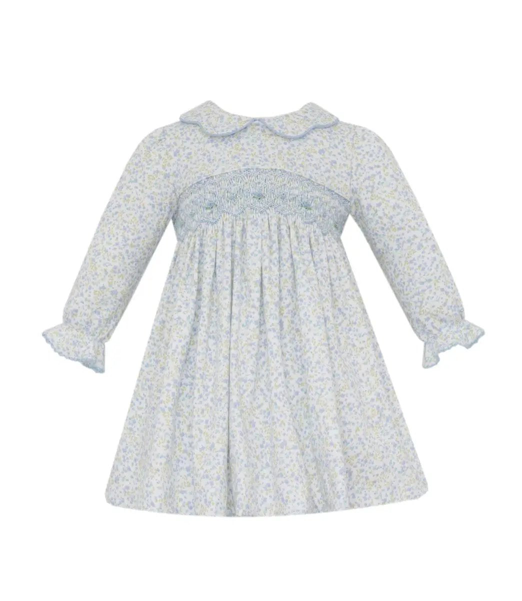 Petit Bebe Knits Girls Blue Floral Smocked Dress with Collar