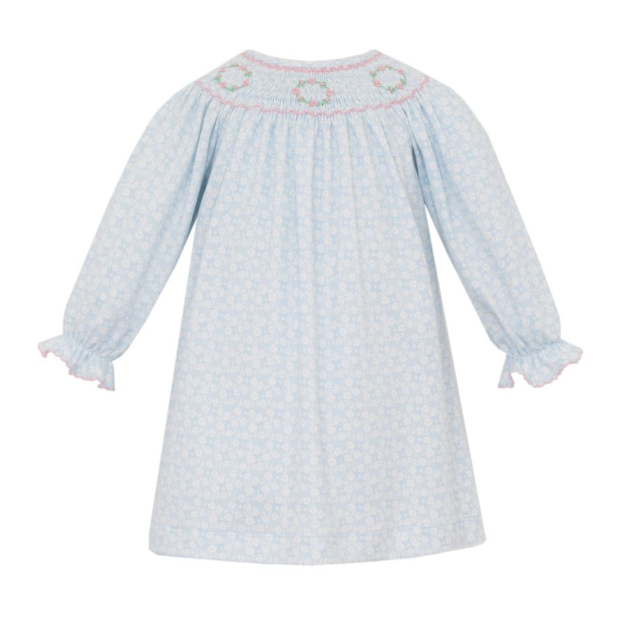 Petit Bebe Knits Girls Light Blue Floral Smocked Bishop Dress