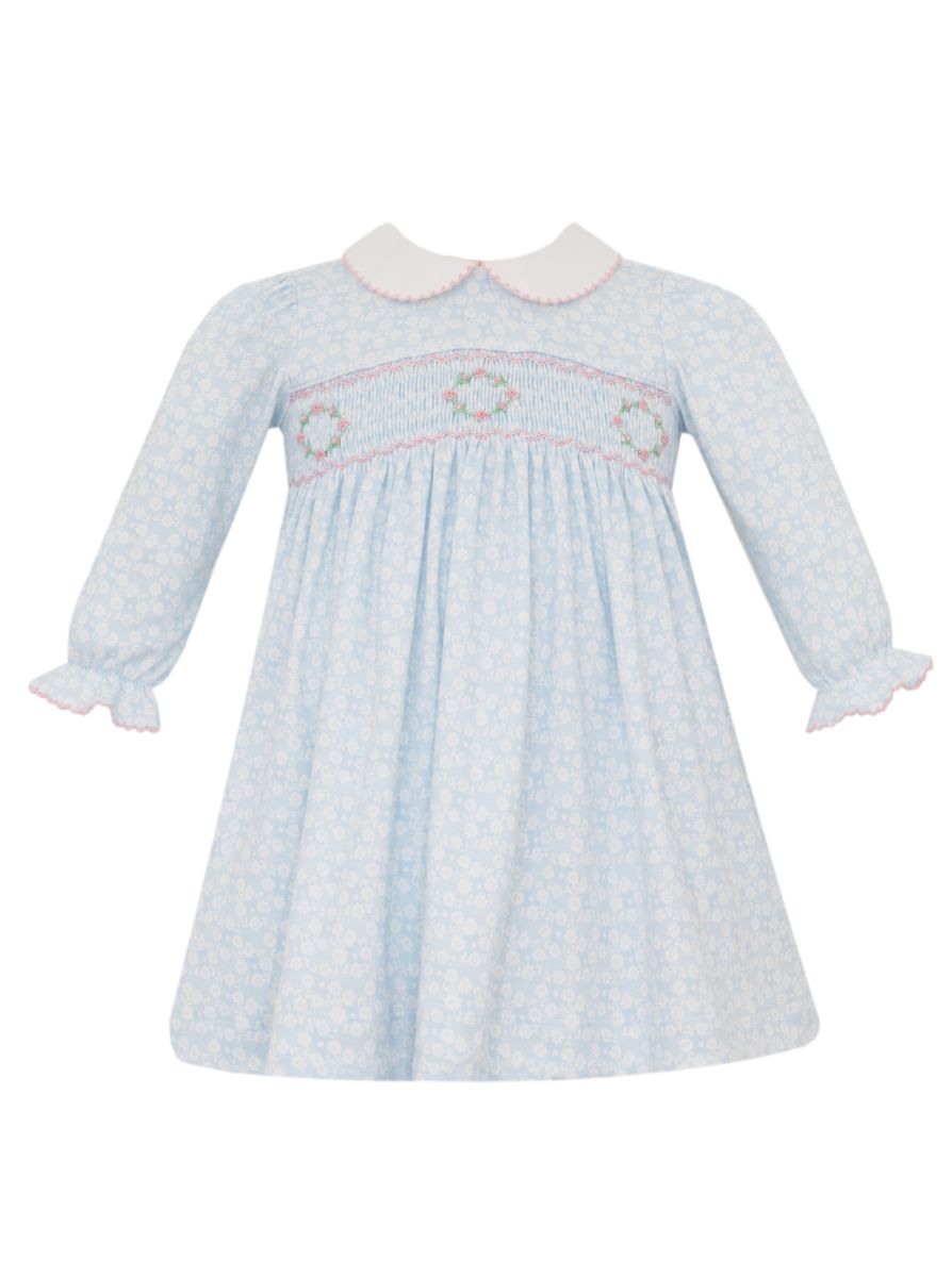 Petit Bebe Knits Girls Light Blue Floral Knit Smocked Bishop Dress White Collar by Petit Bebe