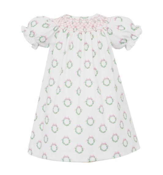 Petit Bebe Knits Girls Holiday Pink Wreath Print Knit Dress by Petit Bebe