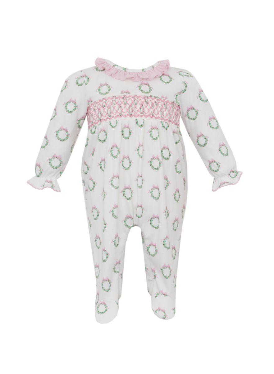 Petit Bebe Knits Girls Holiday Pink Wreath Footie