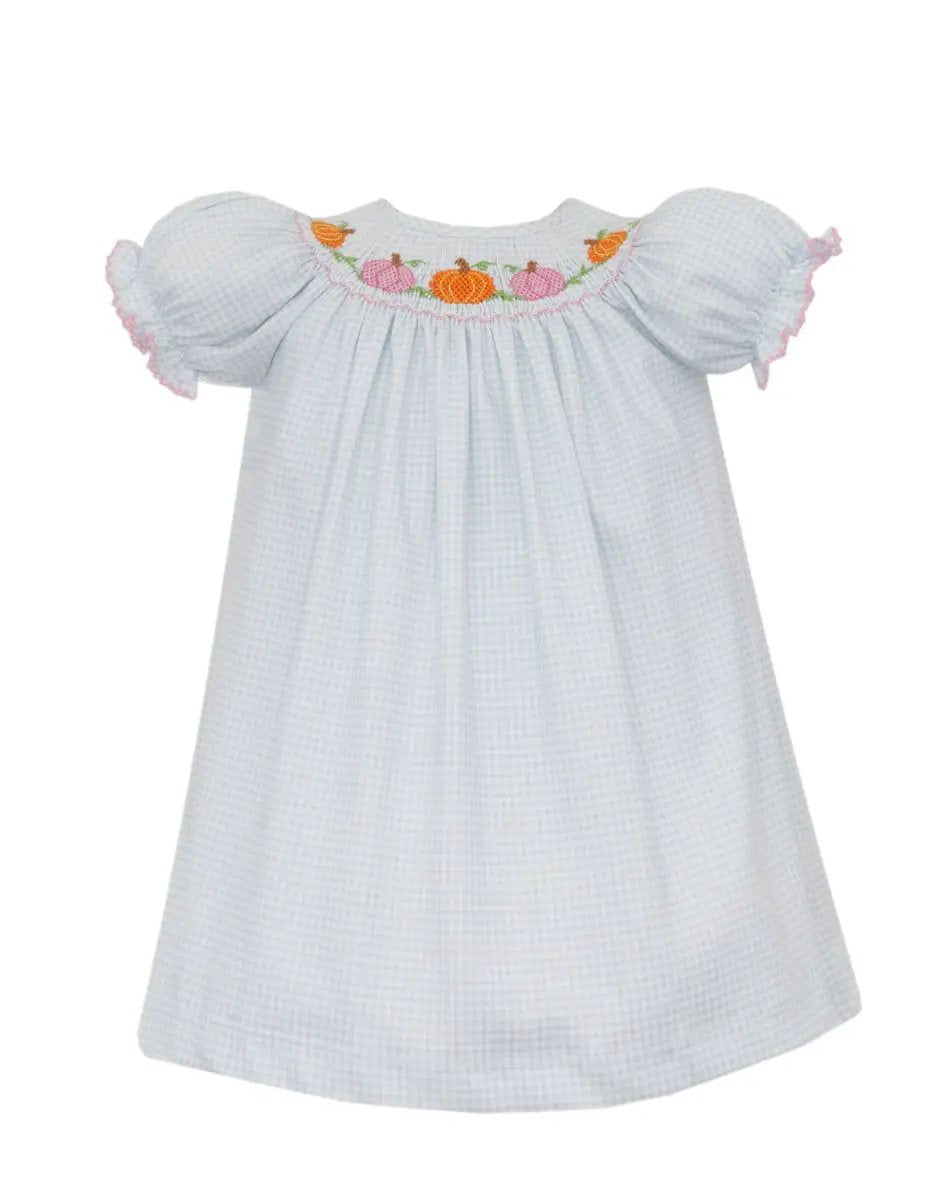 Petit Bebe Knits Girls Blue Gingham Smocked Pumpkins Bishop Dress