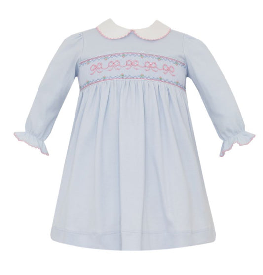 Petit Bebe Knits Girls Light Blue Smocked Bows Dress - Collar & Long Sleeves by Petit Bebe