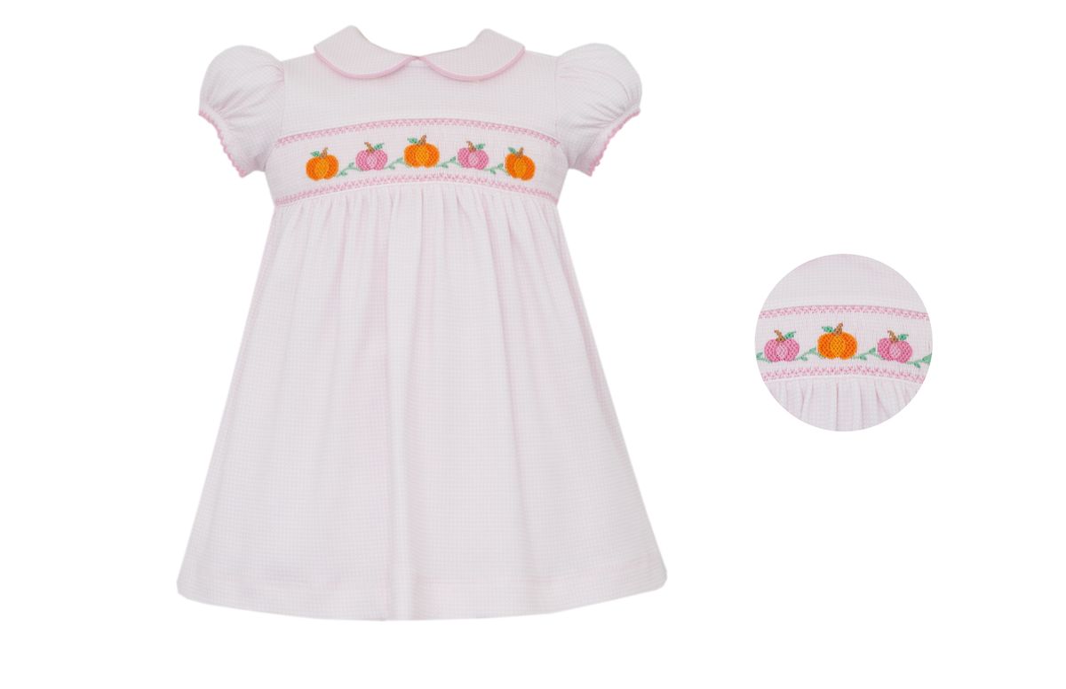 Petit Bebe Knits Toddler Girls Pink Check Smocked Pumpkins Dress with Collar by Petit Bebe