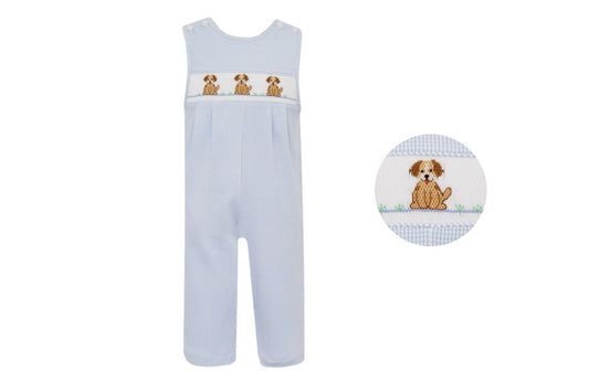 Petit Bebe Knits Baby Boys Blue Check Longall - Smocked Puppy Dogs by Petit Bebe