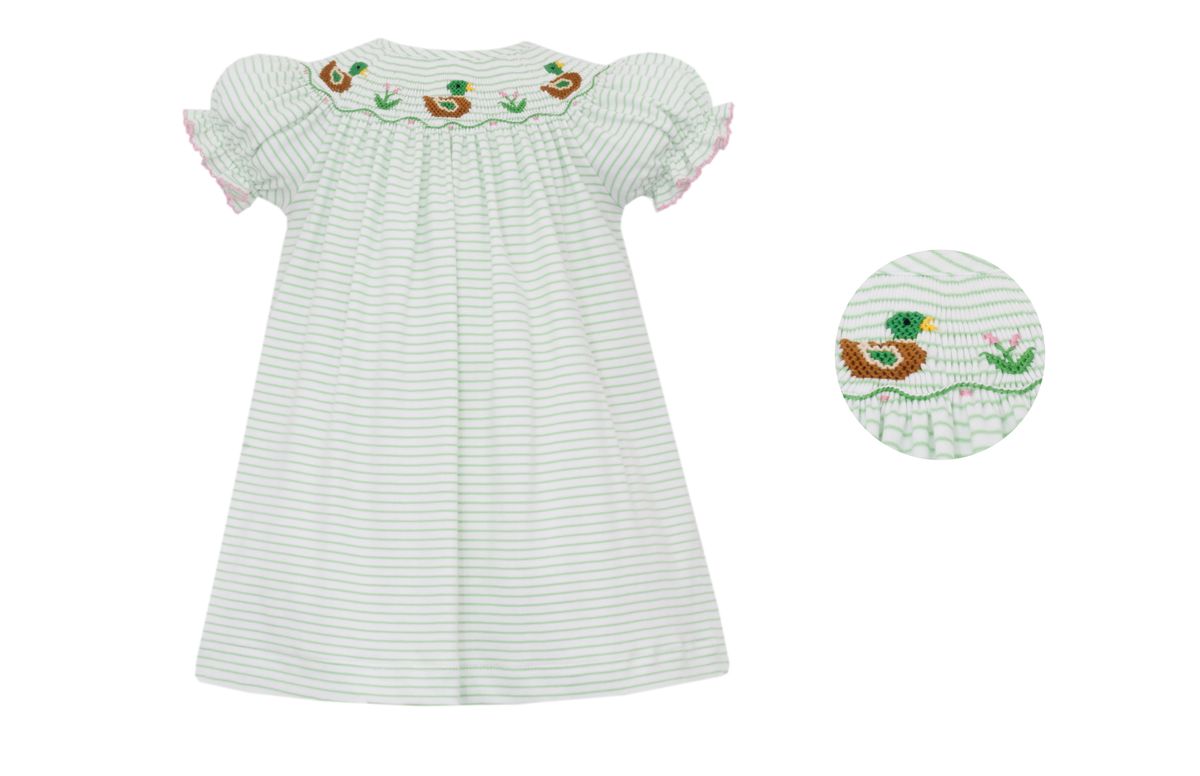 Petit Bebe Knits Girls Green Striped Smocked Mallard Ducks Bishop Dress
