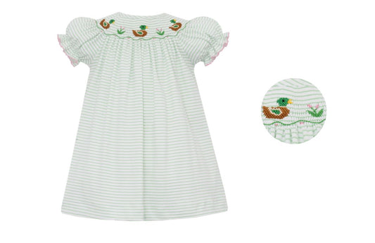 Petit Bebe Knits Girls Green Striped Smocked Mallard Ducks Bishop Dress by Petit Bebe