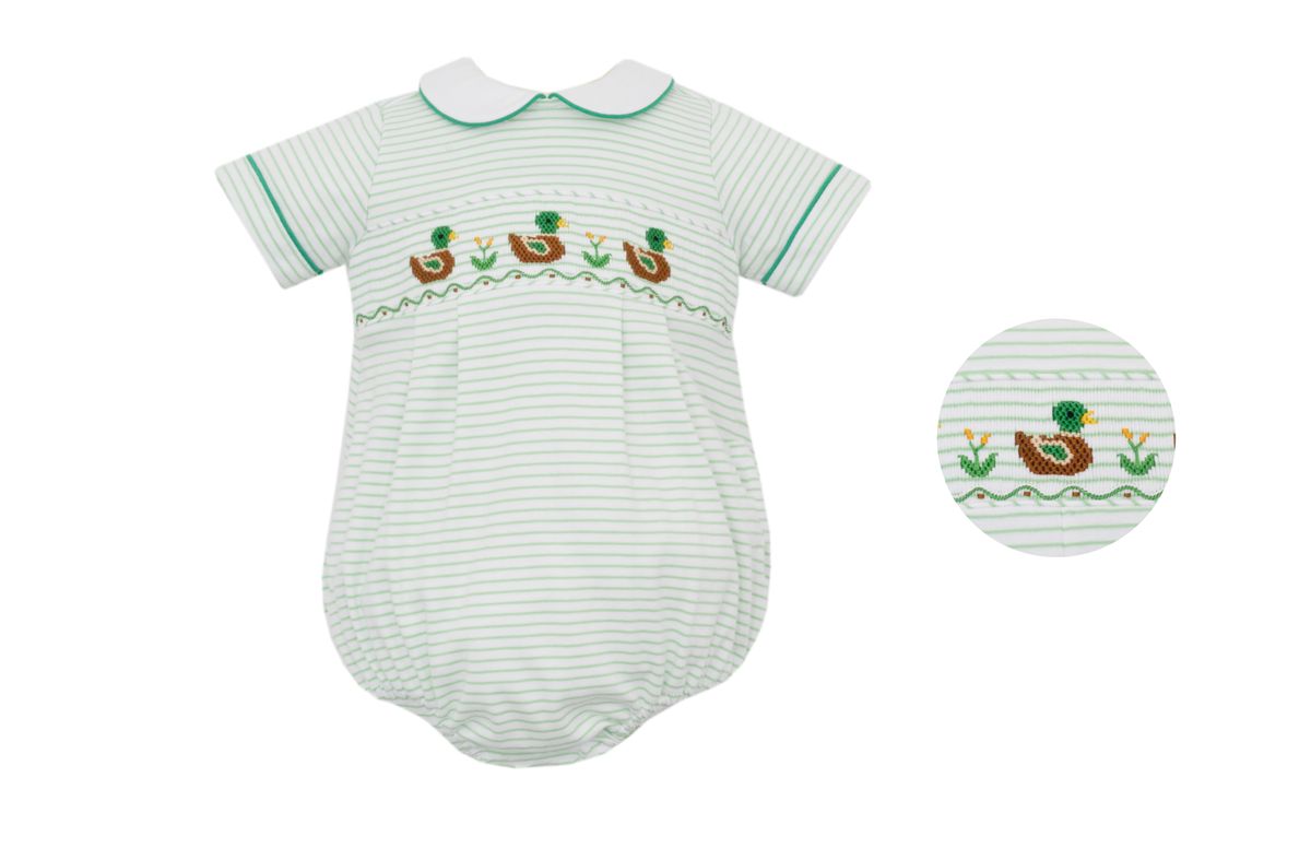 Petit Bebe Knits Baby Boys Green Striped Smocked Mallard Ducks Bubble by Petit Bebe