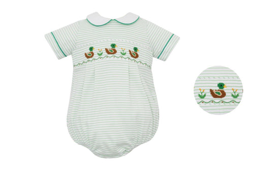 Petit Bebe Knits Baby Boys Green Striped Smocked Mallard Ducks Bubble by Petit Bebe