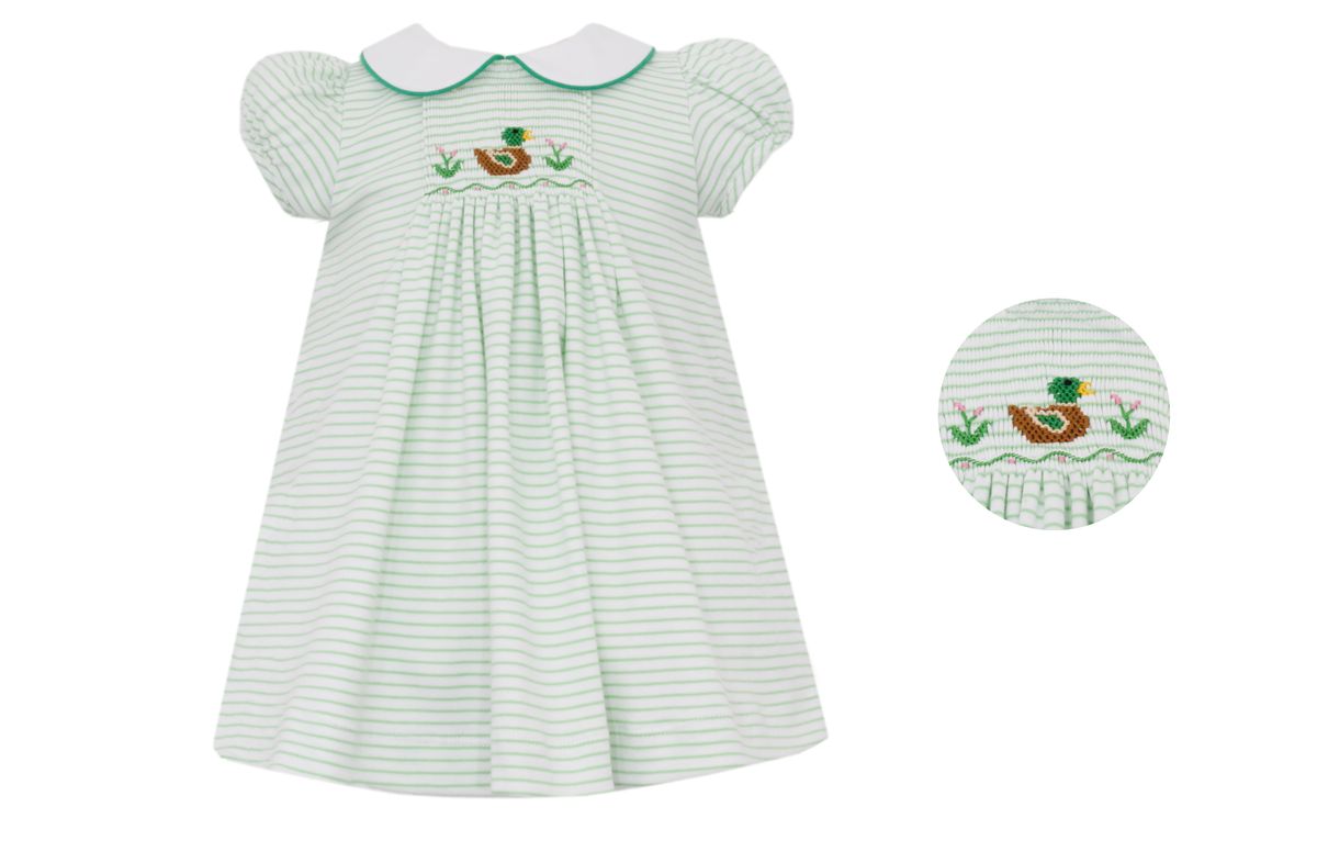 Petit Bebe Knits Toddler Girls Green Striped Dress with Collar - Smocked Mallard Duck