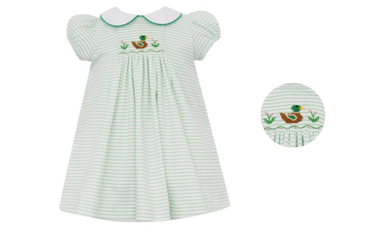 Petit Bebe Knits Toddler Girls Green Striped Dress with Collar - Smocked Mallard Duck by Petit Bebe