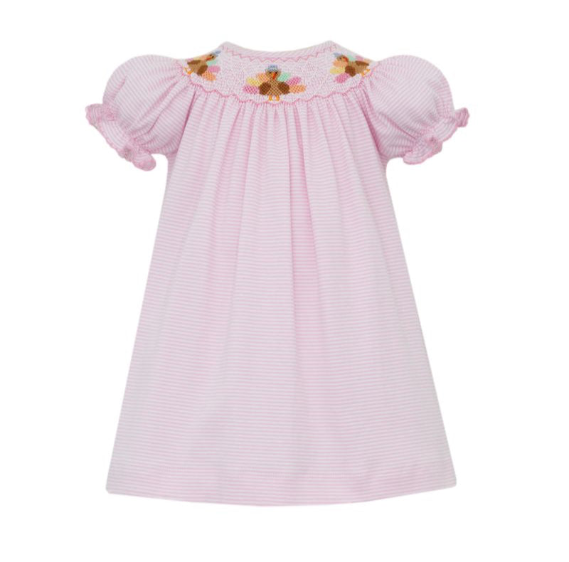 Petit Bebe Knits Girls Pink Striped Knit Bishop Dress - Smocked Turkeys by Petit Bebe