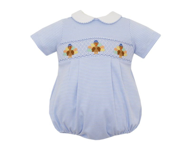 Petit Bebe Light Blue Striped Boys Knit Bubble - Smocked Turkeys