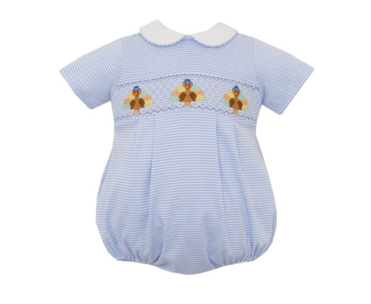 Petit Bebe Light Blue Striped Boys Knit Bubble - Smocked Turkeys by Petit Bebe