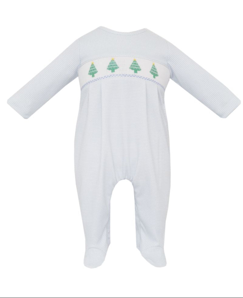 Petit Bebe Knits Boys Blue Check Footie Smocked Christmas Trees by Petit Bebe