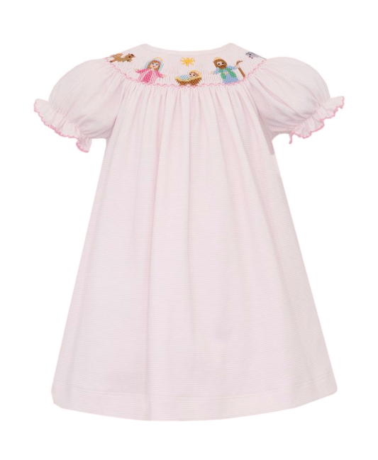 Petit Bebe Cotton Knits Girls Pink Striped Smocked Nativity Scene Bishop Dress by Petit Bebe
