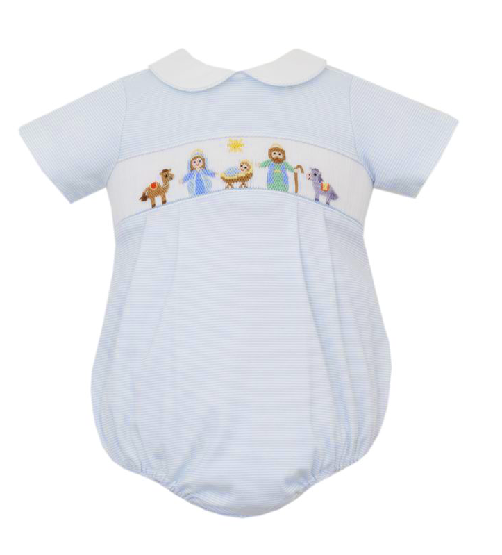 Petit Bebe Cotton Knits Boys Light Blue Striped Smocked Nativity Scene Bubble by Petit Bebe