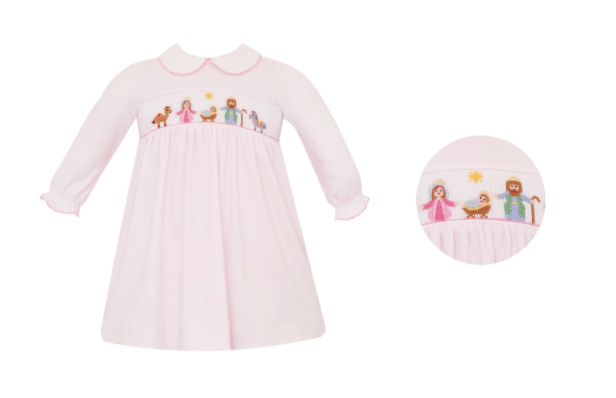 Petit Bebe Cotton Knits Girls Smocked Nativity Scene Pink Stripes by Petit Bebe