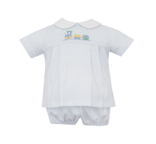 Petit Bebe Knits Baby Boys Light Blue Gingham Train Diaper Set by Petit Bebe