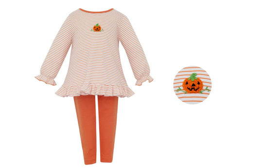 Petit Bebe Knits Girls Orange Leggings with Striped Crochet Pumpkin Top by Petit Bebe