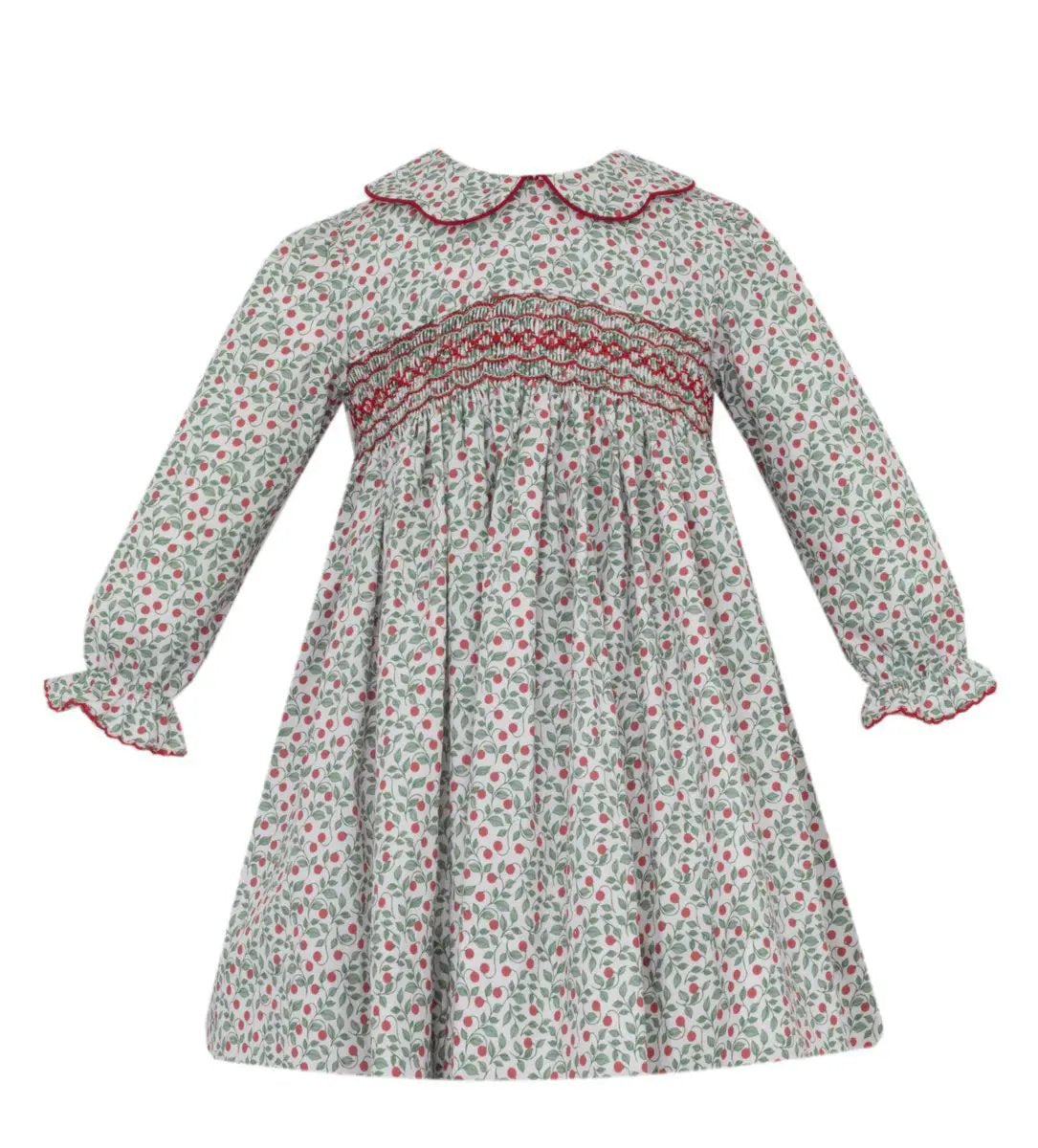 Petit Bebe Girls Green & Red Holiday Print Long Sleeve Dress by Petit Bebe