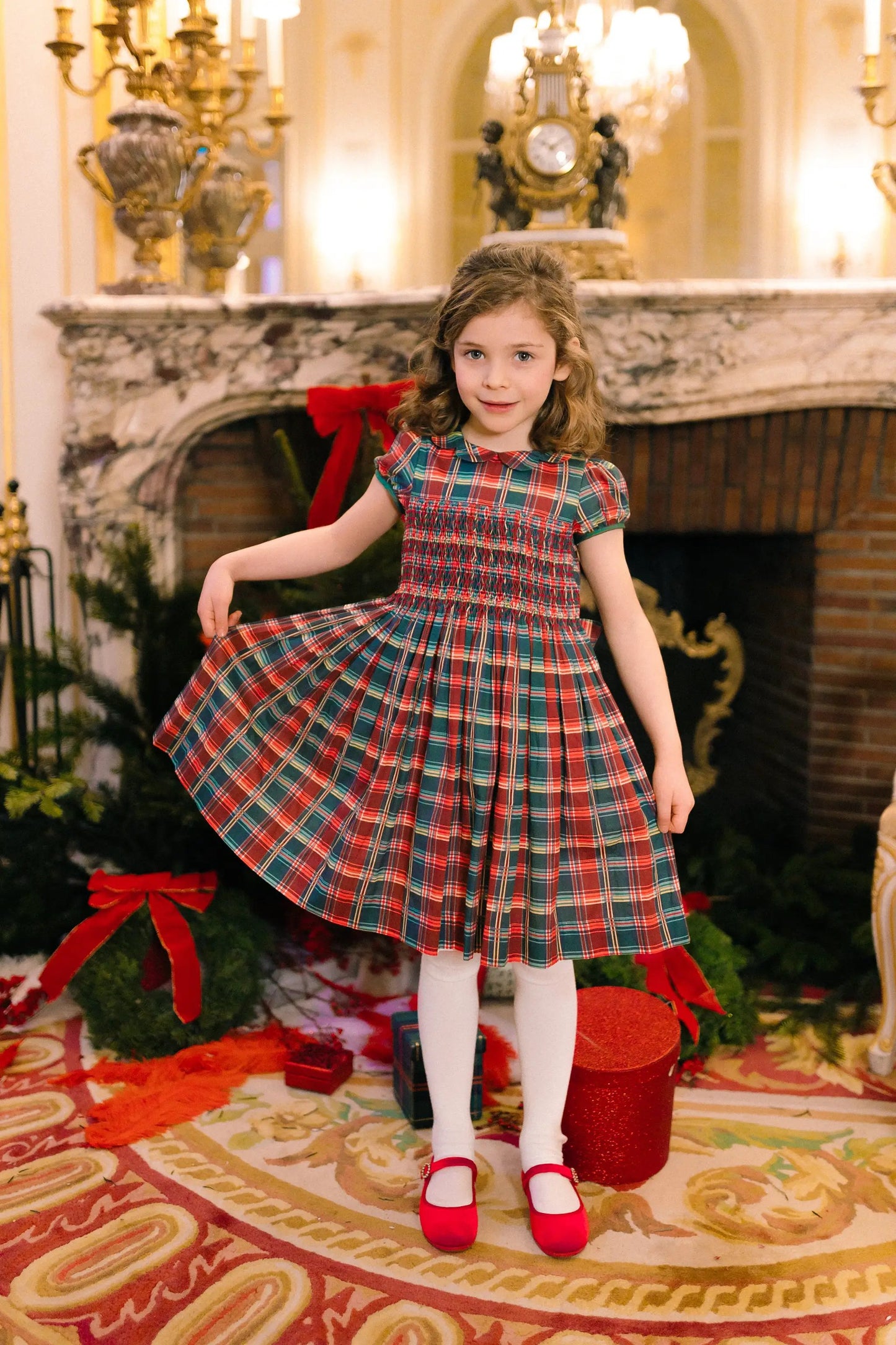 Antoinette Paris Girls Victoire Red & Green Holiday Plaid Smocked Christmas Dress with Bow Sash by Antoinette Paris