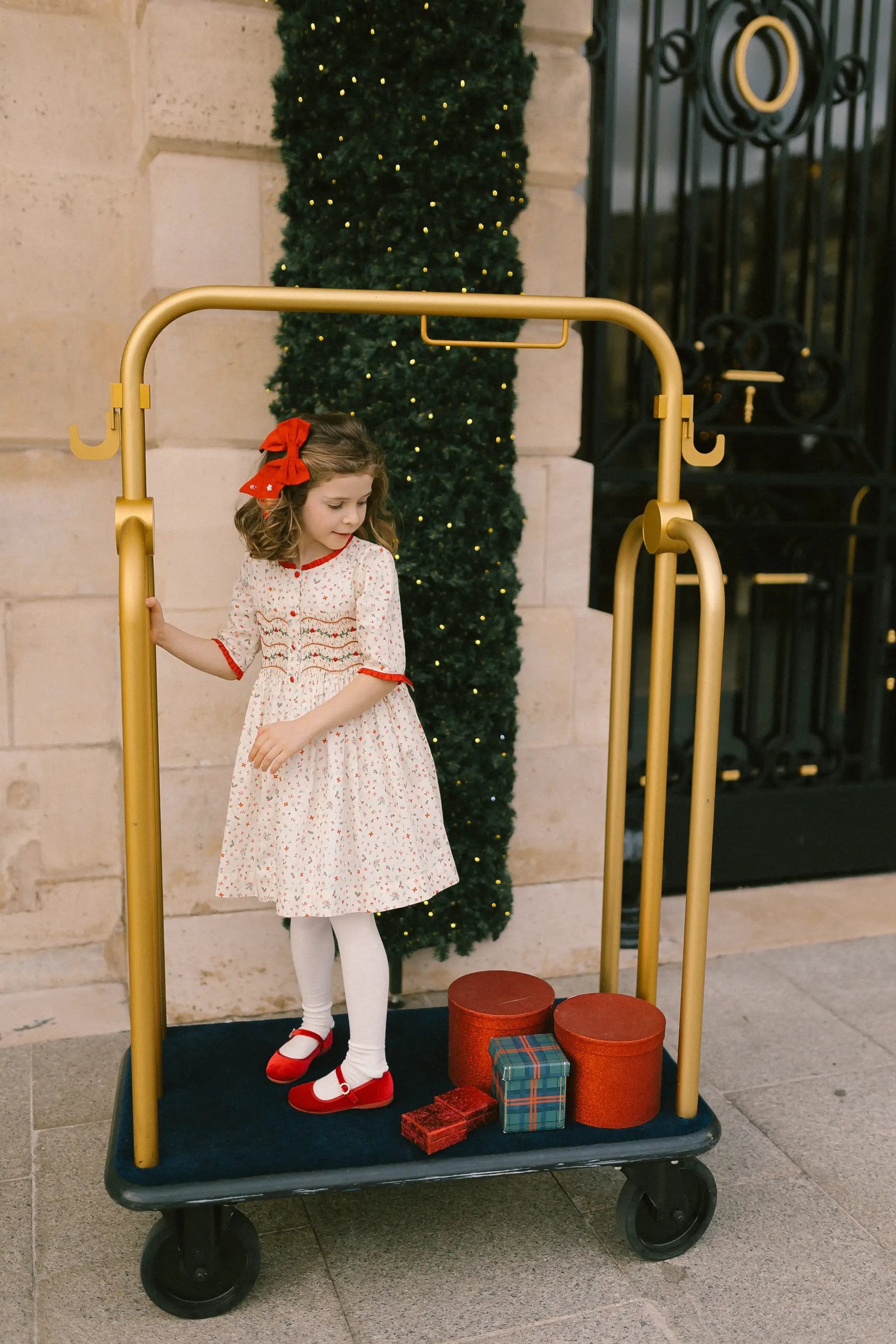 Antoinette Paris Girls Elysee Winter Floral Smocked Christmas Dress with Bow Sash