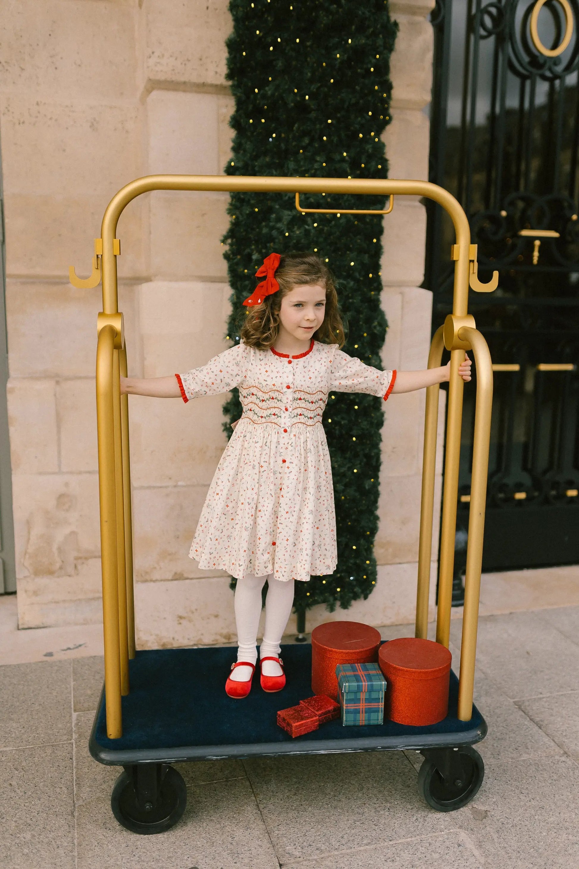 Antoinette Paris Girls Elysee Winter Floral Smocked Christmas Dress with Bow Sash