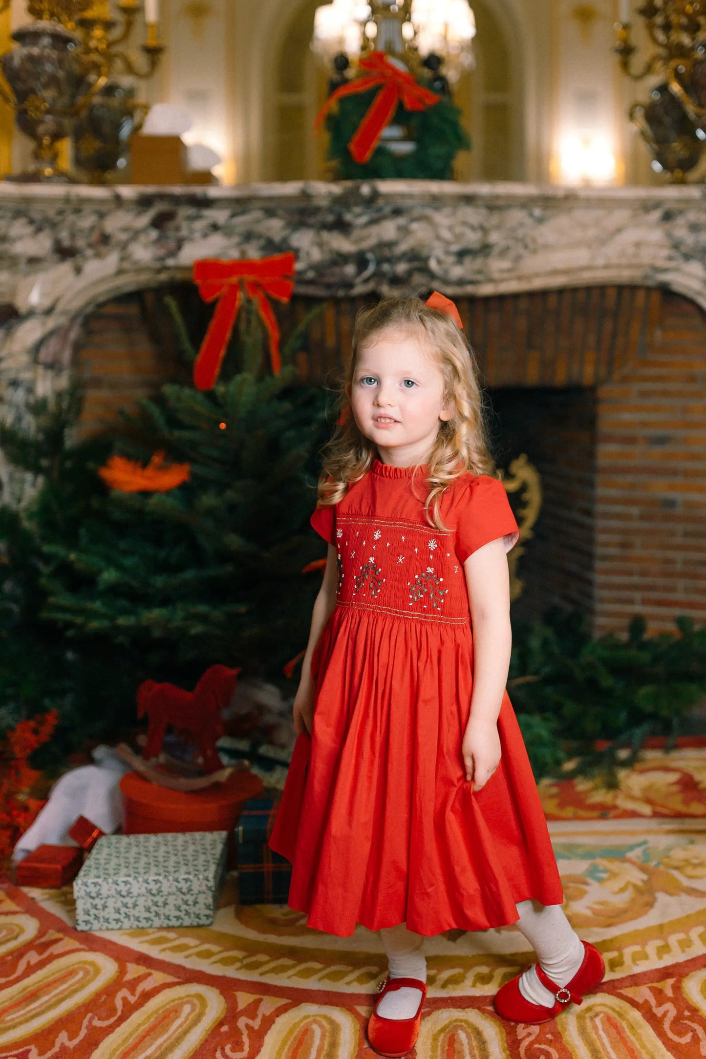 inette Paris Girls Perla Smocked Christmas Dress with Bow Sash - Red by Antoinette Paris
