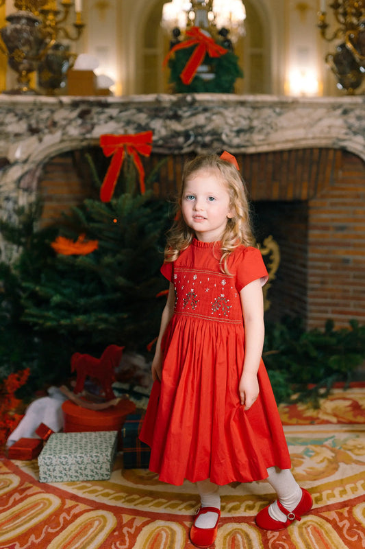 inette Paris Girls Perla Smocked Christmas Dress with Bow Sash - Red by Antoinette Paris