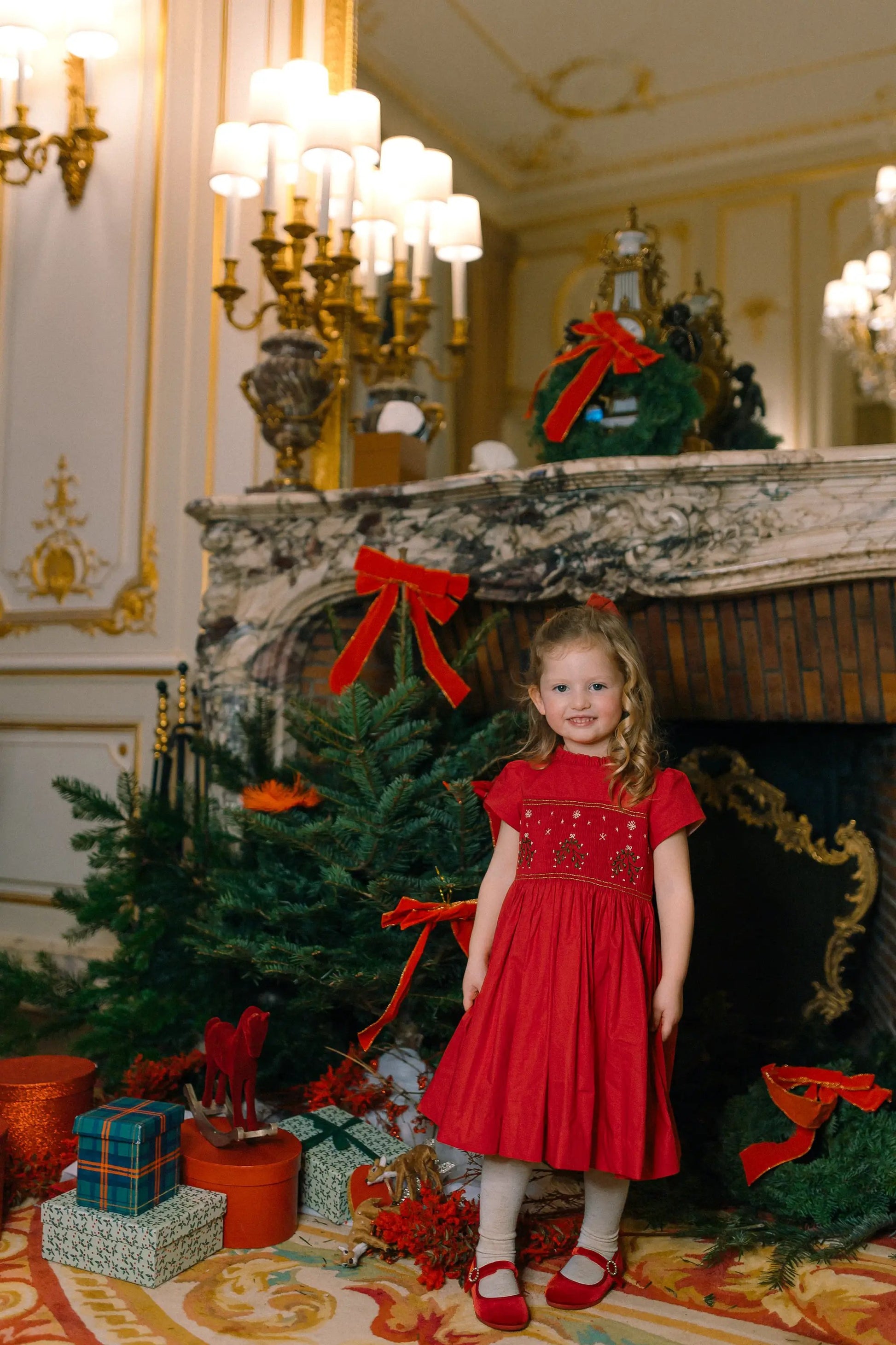 Antoinette Paris Girls Perla Smocked Christmas Dress with Bow Sash - Red
