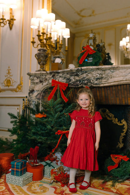 inette Paris Girls Perla Smocked Christmas Dress with Bow Sash - Red by Antoinette Paris