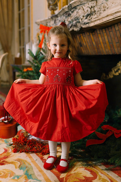 inette Paris Girls Perla Smocked Christmas Dress with Bow Sash - Red by Antoinette Paris
