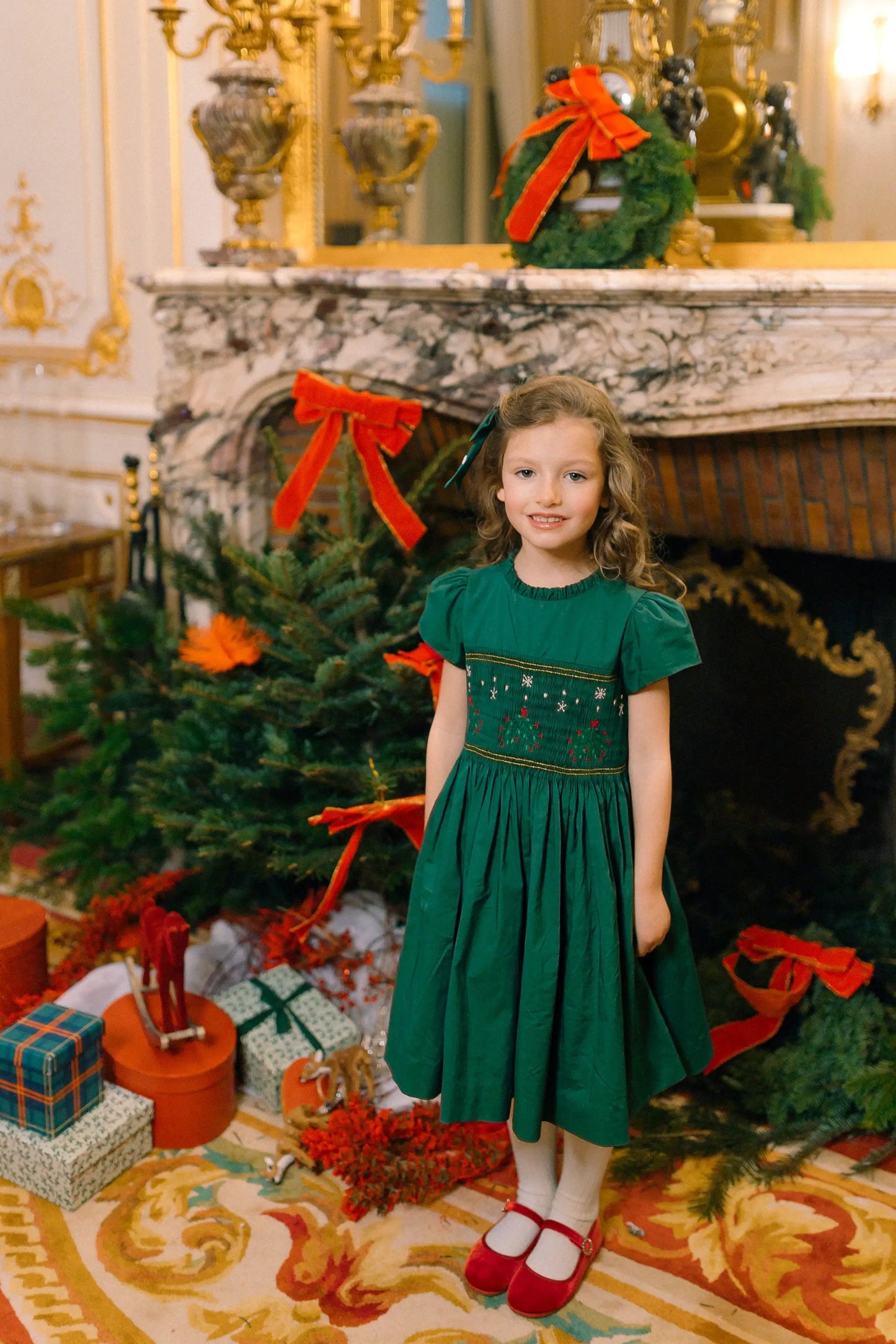 Antoinette Paris Girls Perla Smocked Christmas Dress with Bow Sash - Green by Antoinette Paris