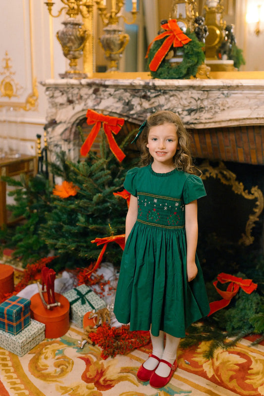 Antoinette Paris Girls Perla Smocked Christmas Dress with Bow Sash - Green by Antoinette Paris