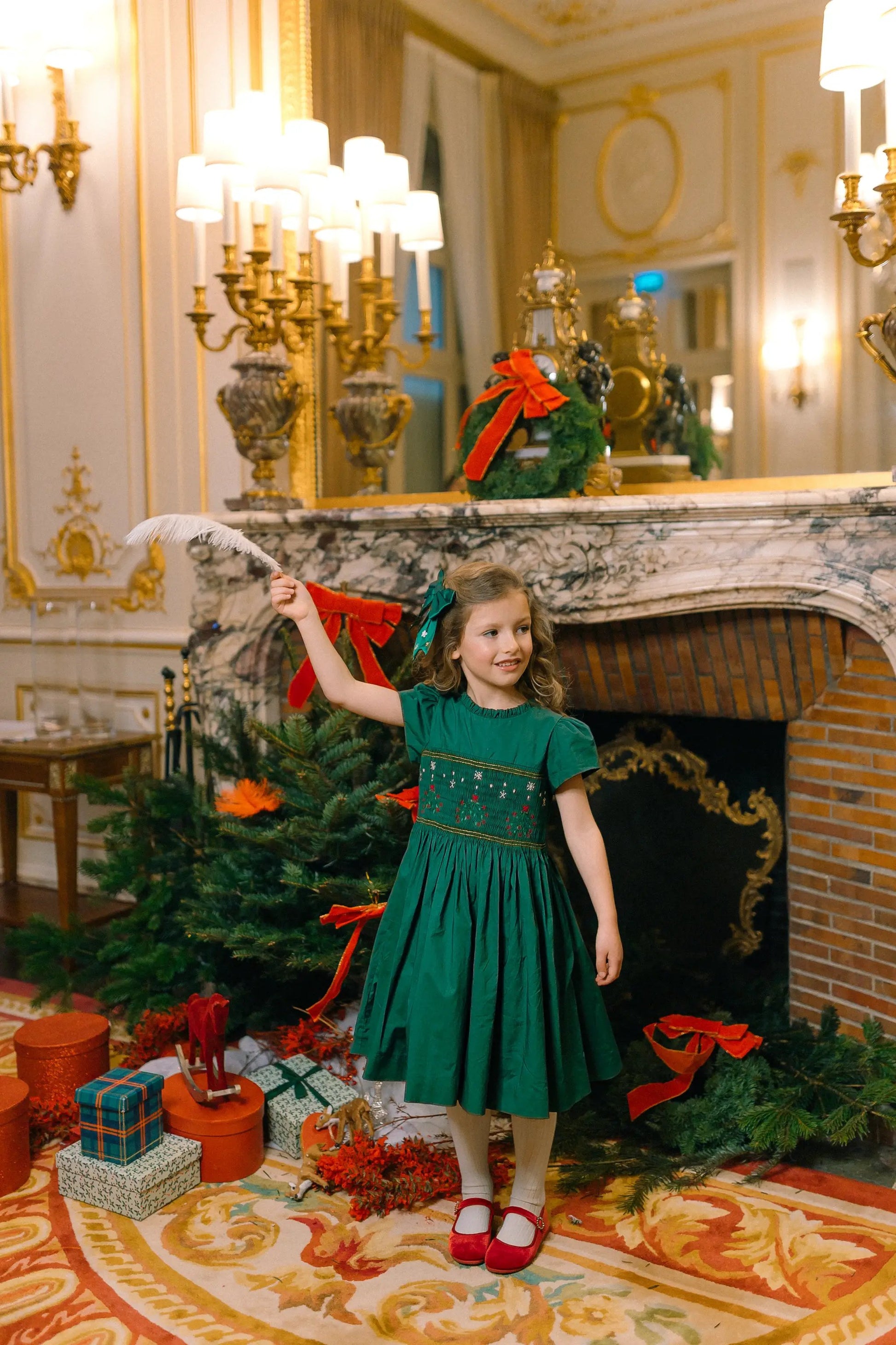 Antoinette Paris Girls Perla Smocked Christmas Dress with Bow Sash - Green