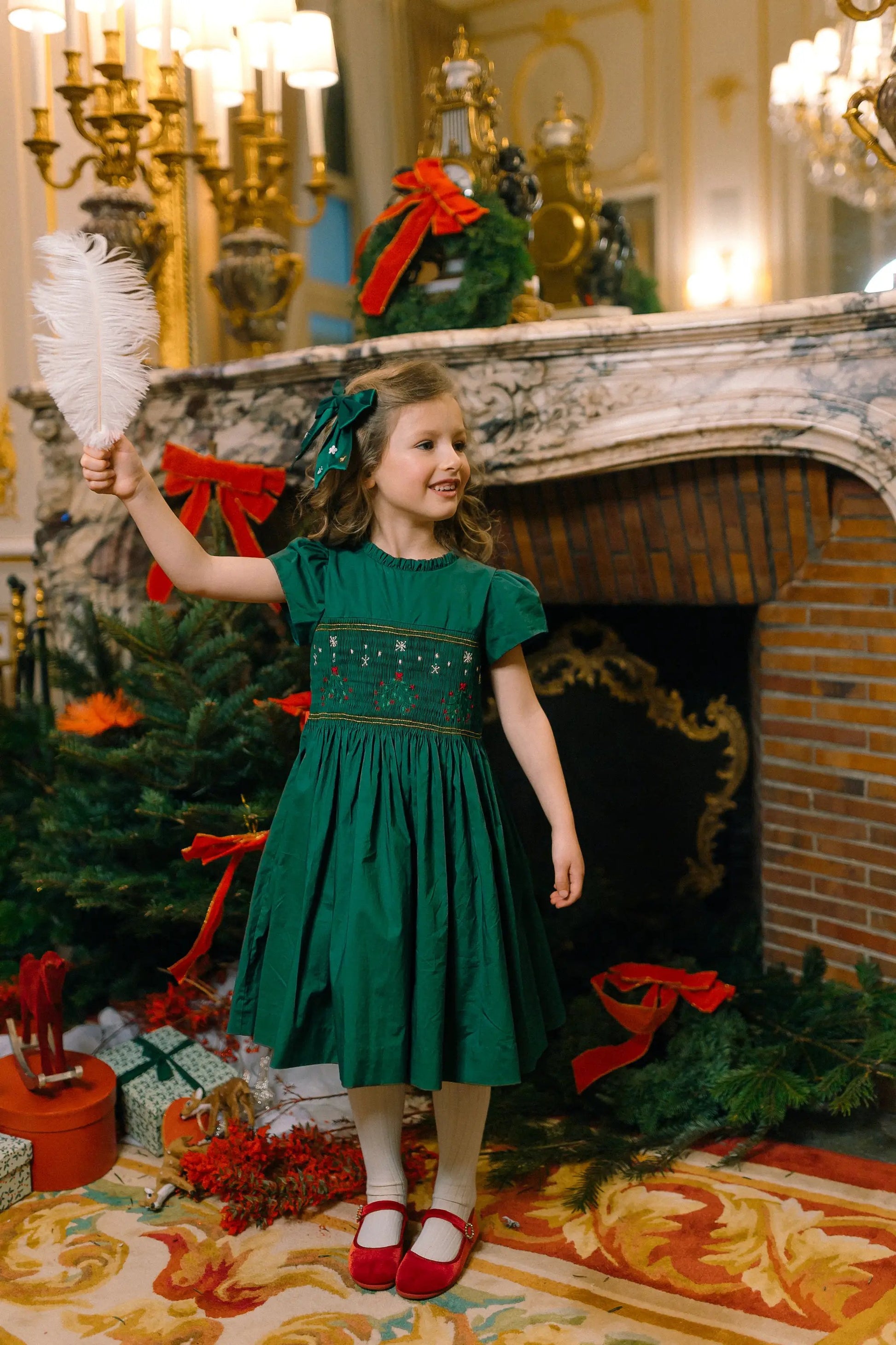 Antoinette Paris Girls Perla Smocked Christmas Dress with Bow Sash - Green