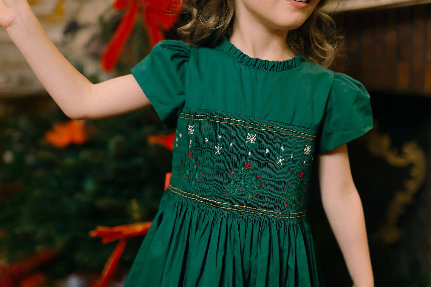 Antoinette Paris Girls Perla Smocked Christmas Dress with Bow Sash - Green by Antoinette Paris