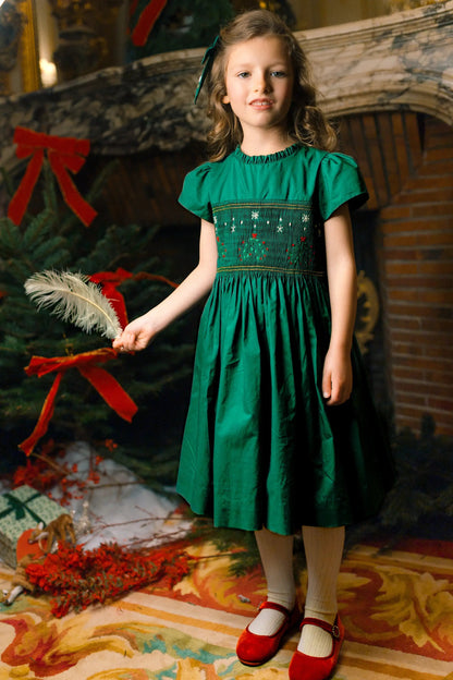 Antoinette Paris Girls Perla Smocked Christmas Dress with Bow Sash - Green by Antoinette Paris