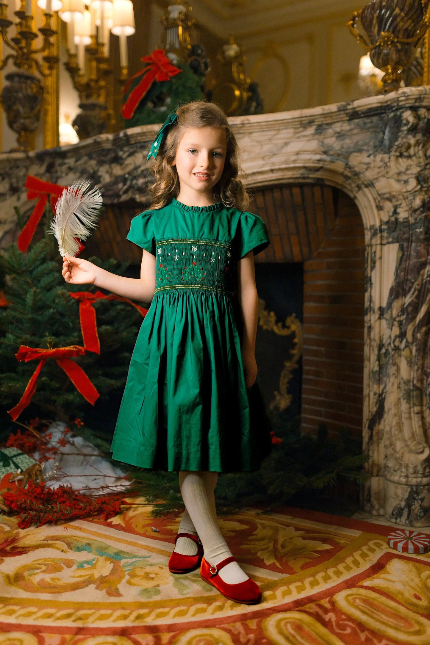 Antoinette Paris Girls Perla Smocked Christmas Dress with Bow Sash - Green by Antoinette Paris