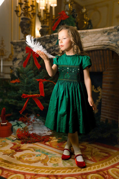 Antoinette Paris Girls Perla Smocked Christmas Dress with Bow Sash - Green by Antoinette Paris