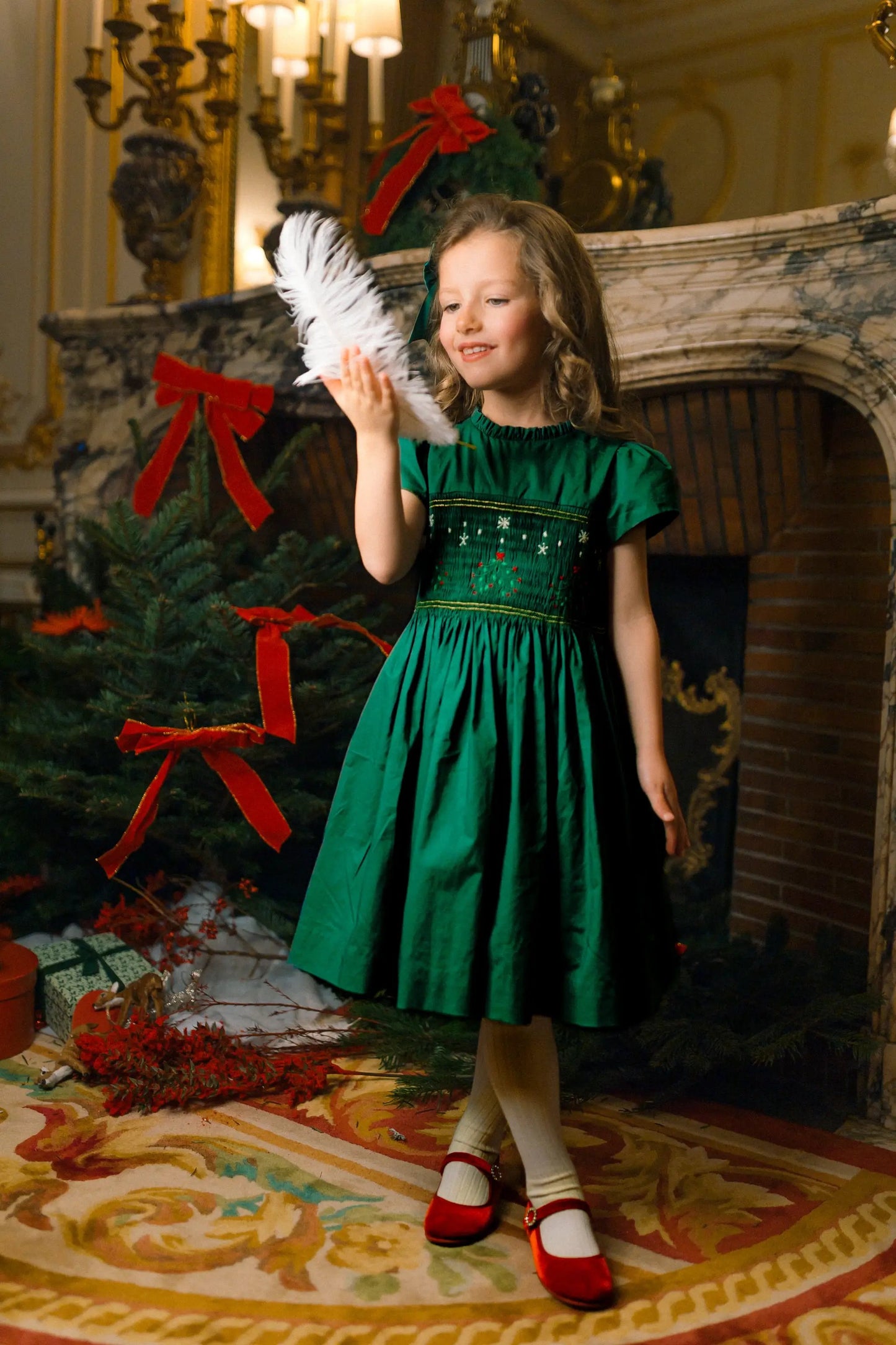Antoinette Paris Girls Perla Smocked Christmas Dress with Bow Sash - Green by Antoinette Paris