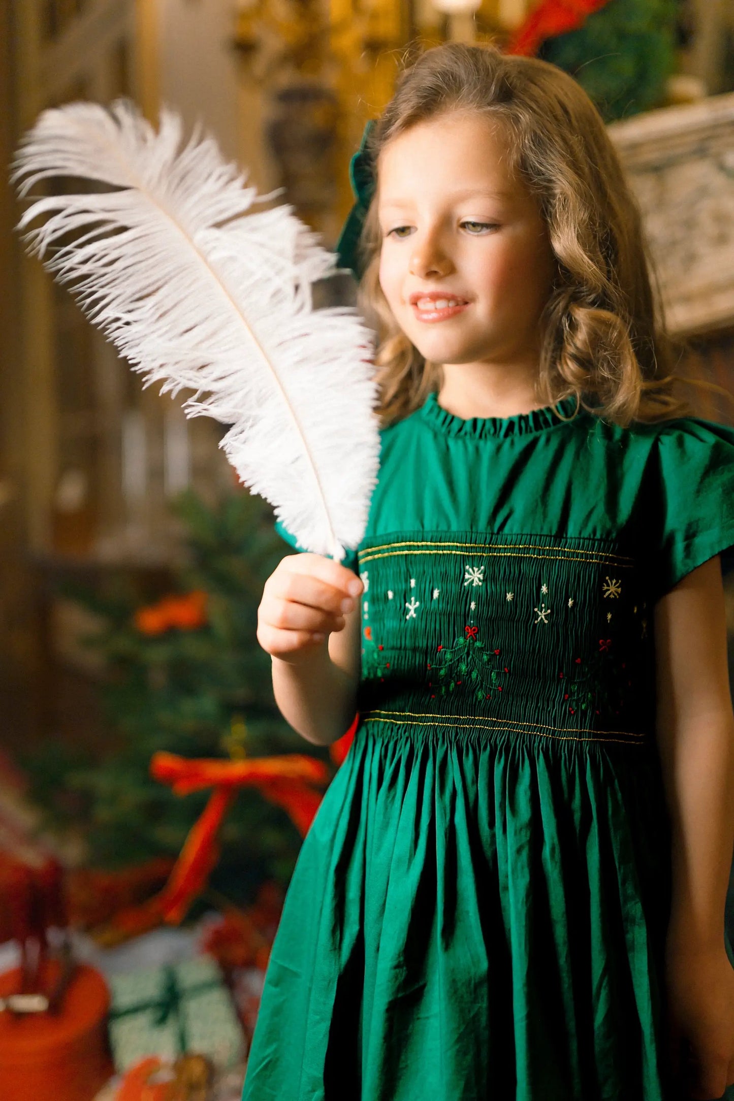 Antoinette Paris Girls Perla Smocked Christmas Dress with Bow Sash - Green by Antoinette Paris