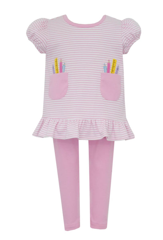 Claire & Charlie Girls Pink Leggings Set - School Supplies Top with Pockets