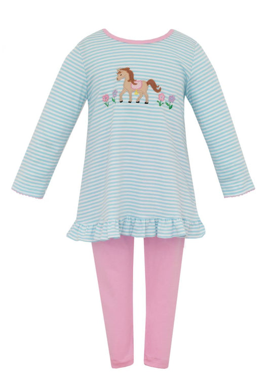 Claire & Charlie Girls Aqua Striped Horse Tunic Top with Pink Leggings by Claire & Charlie