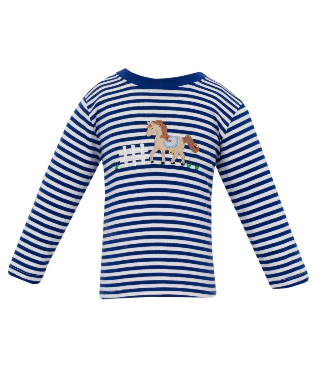 Claire & Charlie Toddler Boys Royal Blue Striped Shirt - Applique Horse