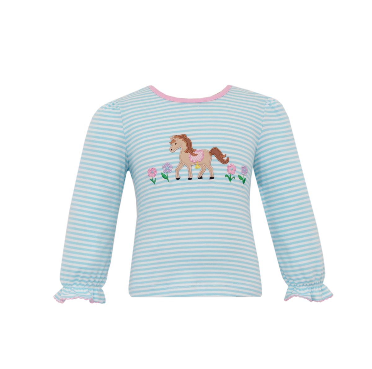Claire & Charlie Girls Aqua Striped Top - Applique Horse by Claire & Charlie