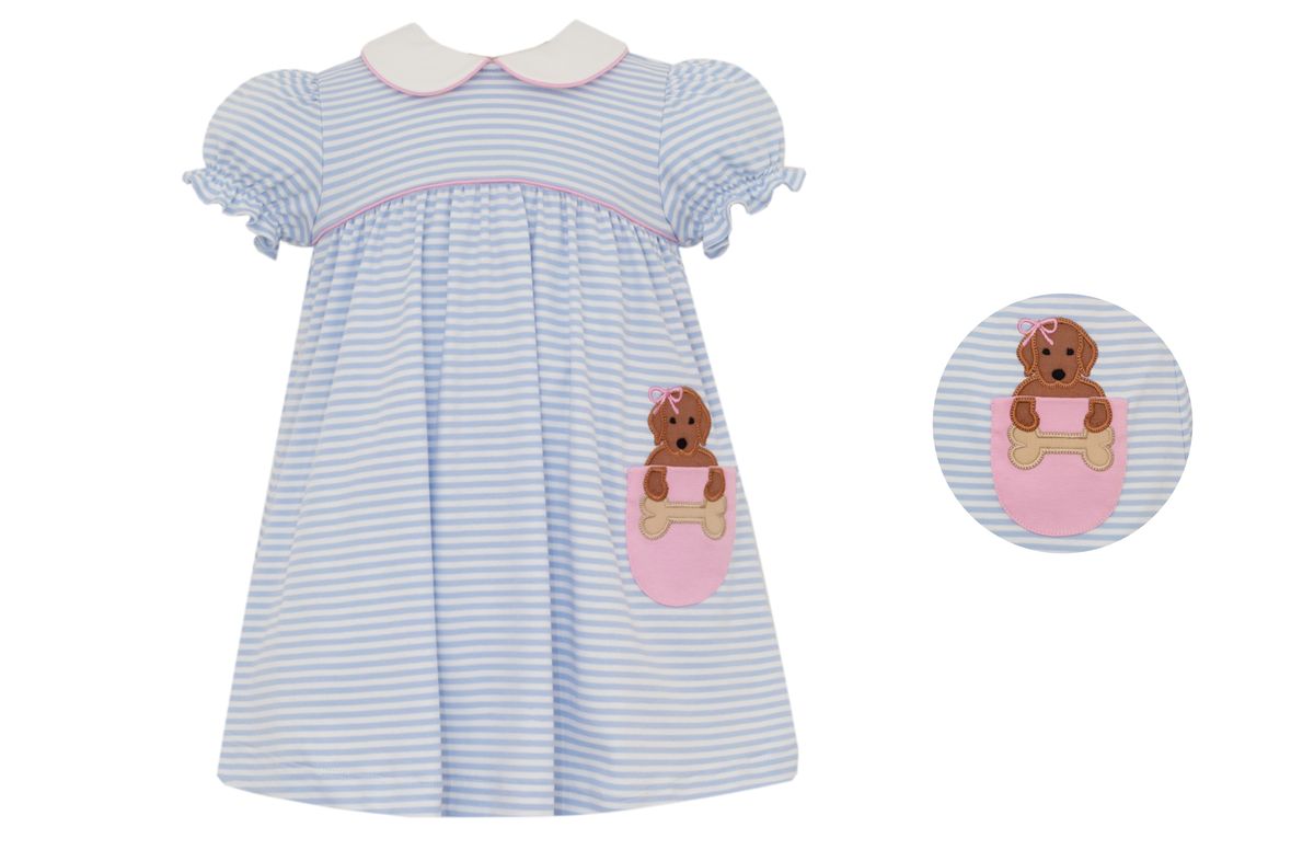 Claire & Charlie Toddler Girls Blue Striped Knit Dress - Dog in Pocket by Claire & Charlie