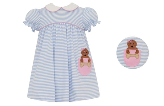 Claire & Charlie Toddler Girls Blue Striped Knit Dress - Dog in Pocket by Claire & Charlie